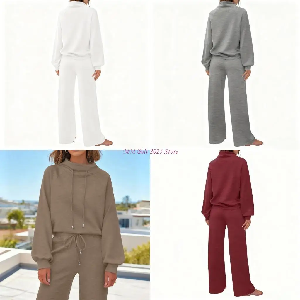 49ME Lounge Sets for Women Sweatsuits 2 Piece Outfits Fall Drawstring Sweatshirt Wide Leg Sweatpants Tracksuit