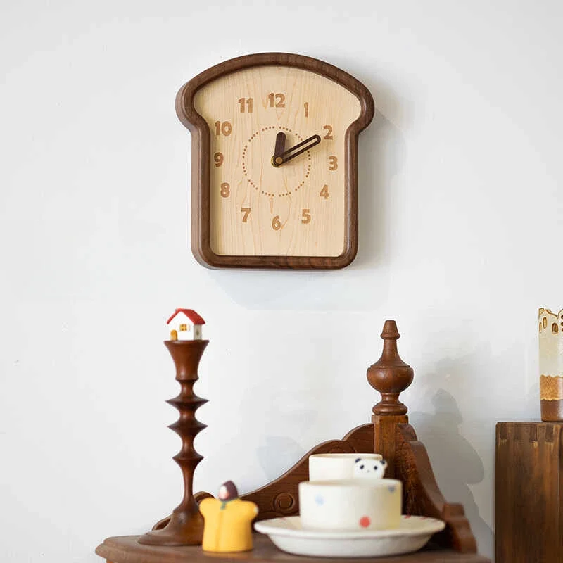 Toast Clock Cute Creative Solid Wood Bread Wall Clock Decoration Household Cherry Wood Black Walnut Log Style Wall Decoration