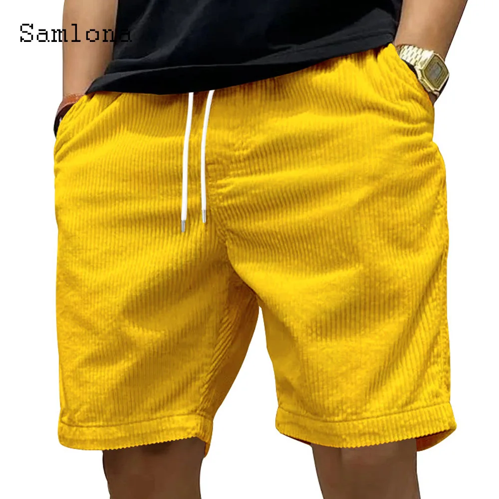 2024 European Style Men Casual Corduroy Beach Shorts Men\'s Stand Pocket Classic Basic Shorts Apricot Yellow Soft Half Pants New