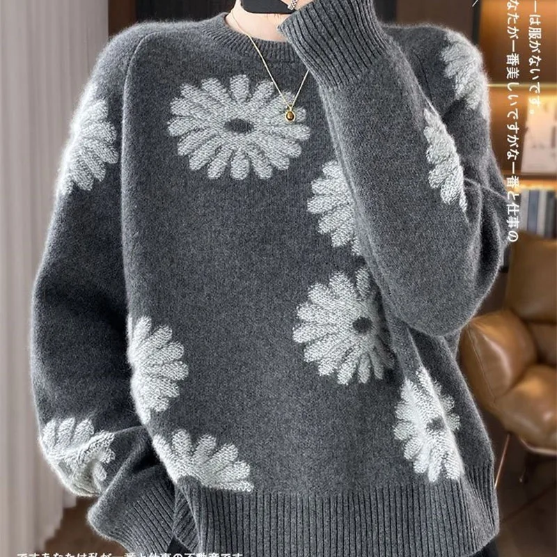 Spring Autumn 2026 New Fashion Woolen Sweaters Women's Knitwear Pullover Top Jacquard Color Blocking Knitted Bottoming Shirt