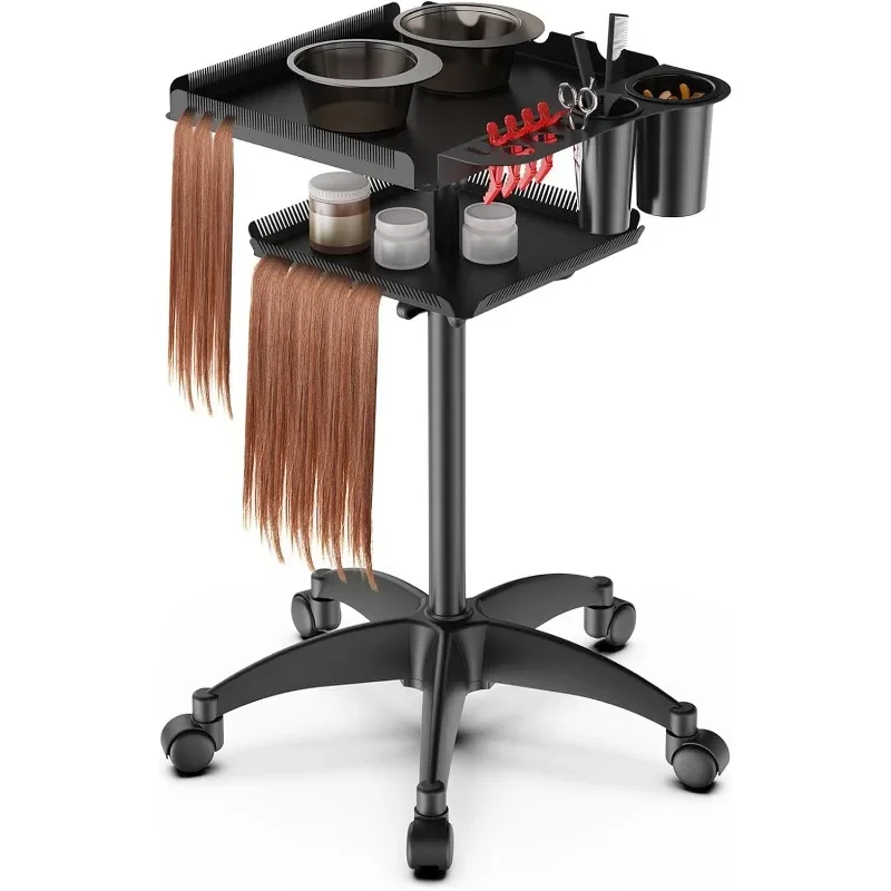 Rolling Salon Tray on Wheels with Braiding Hair Platform, Metal Salon Tray Cart with 2 Magnetic Bowls, Hairstylist