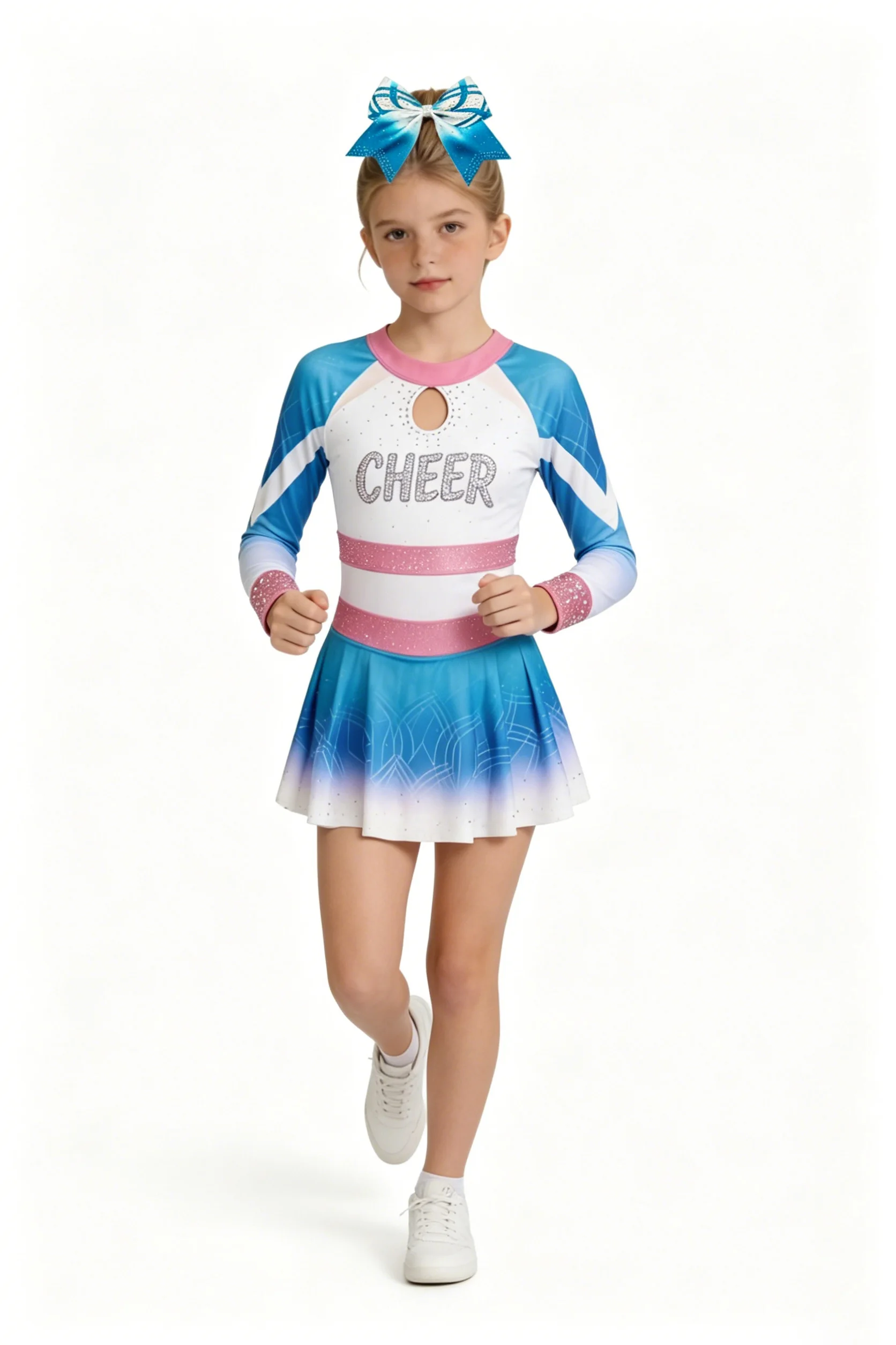 Girls Cheerleading Uniform Long Sleeve Blue Pink Gradient Rhinestone Cheer Dress with Bow Kids Cheerleader Costume Competition