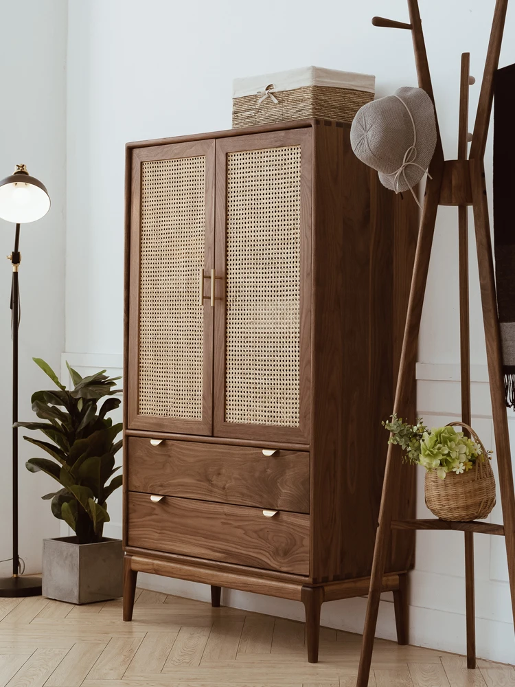 

Black Walnut Wooden Locker Children's Wardrobe Wine Cabinet Sideboard Cabinet Rattan Door Storage Cabinet