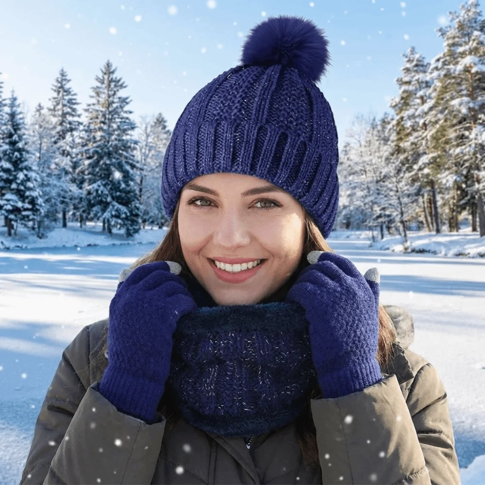 3pcs Comfortable Solid Color Hat Scarf Gloves Set Cute Pompom Keep Warm Knitted Hat Thickened with Velvet Beanie Hat Daily