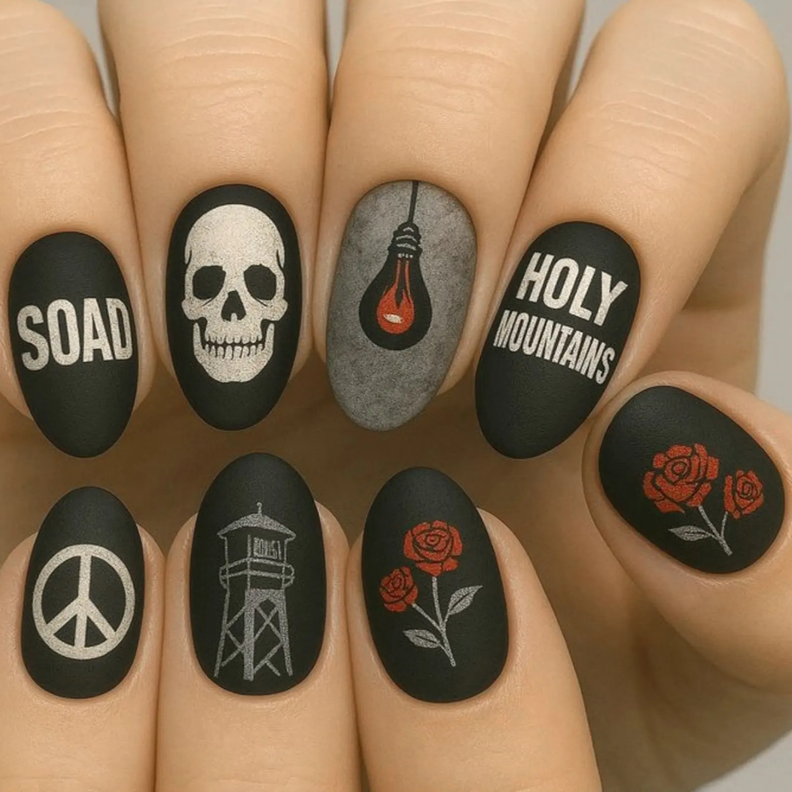 24pcs Press On Nails Resin Matte Gothic Skull Rose False Nails for Halloween Party Cosplay Women's Nail Decoration Art