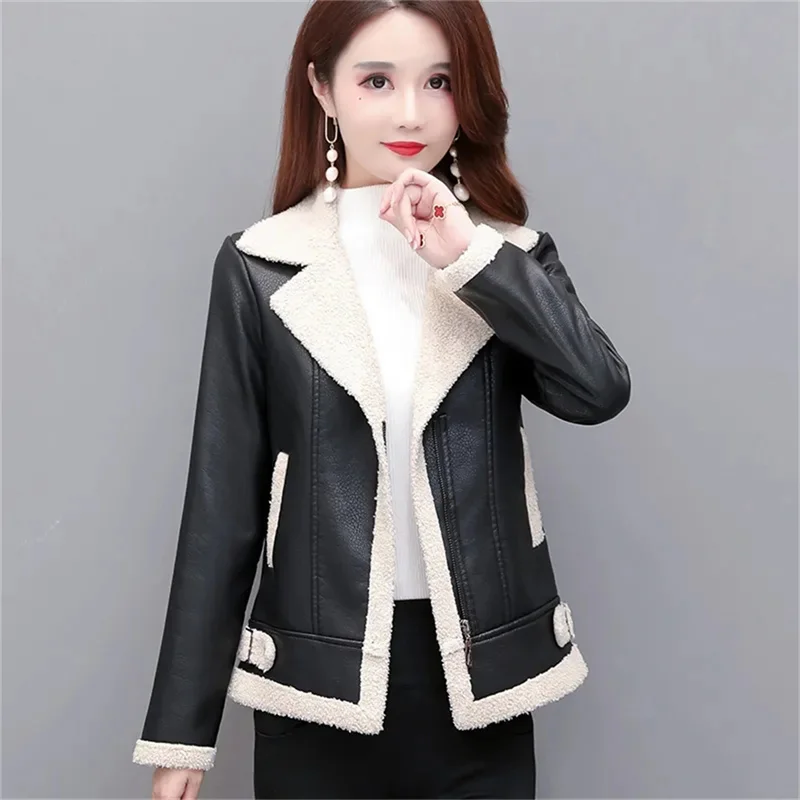 Women's New 2024 Winter Women's Leather Jacket PU Imitation Lamb Fur Jacket With Added Velvet And Thickened Leather Jacket Black