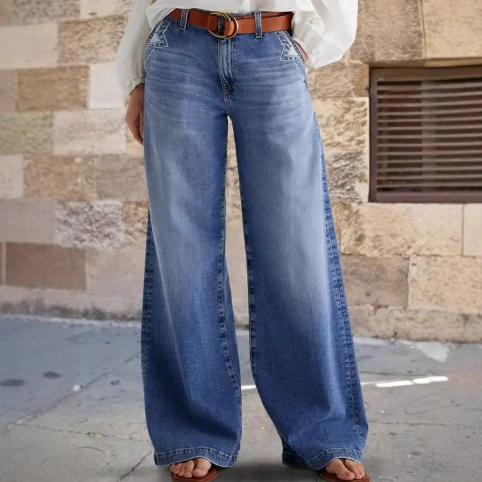 

High Waist Wide Leg Jeans Long Straight Leg Pants Female Fashion Blue High Waist Trousers Comfortable Fit Bootcut Denim Jeans