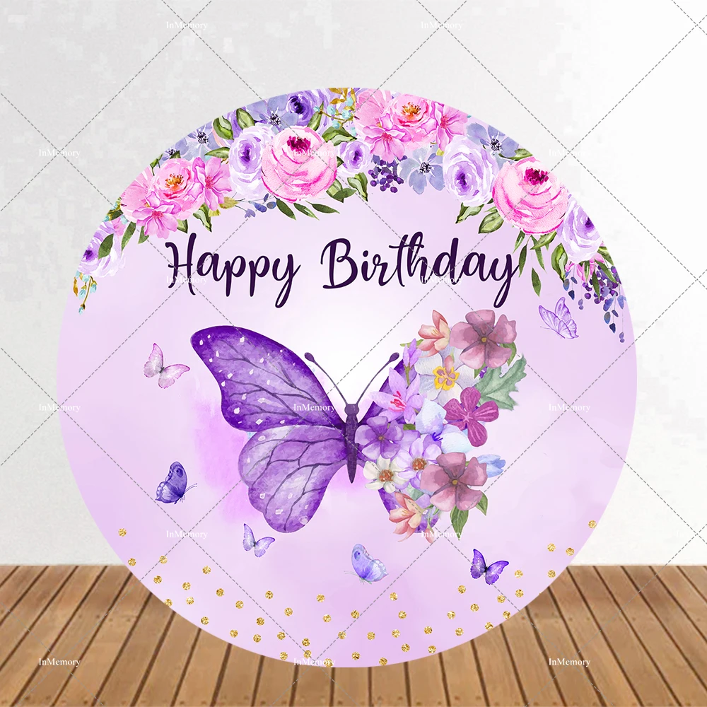 

Butterfly Flowers Round Background for Photography Girls Birthday Party Pink Flowers Decoration Cake Smash Circle Cover Backdrop