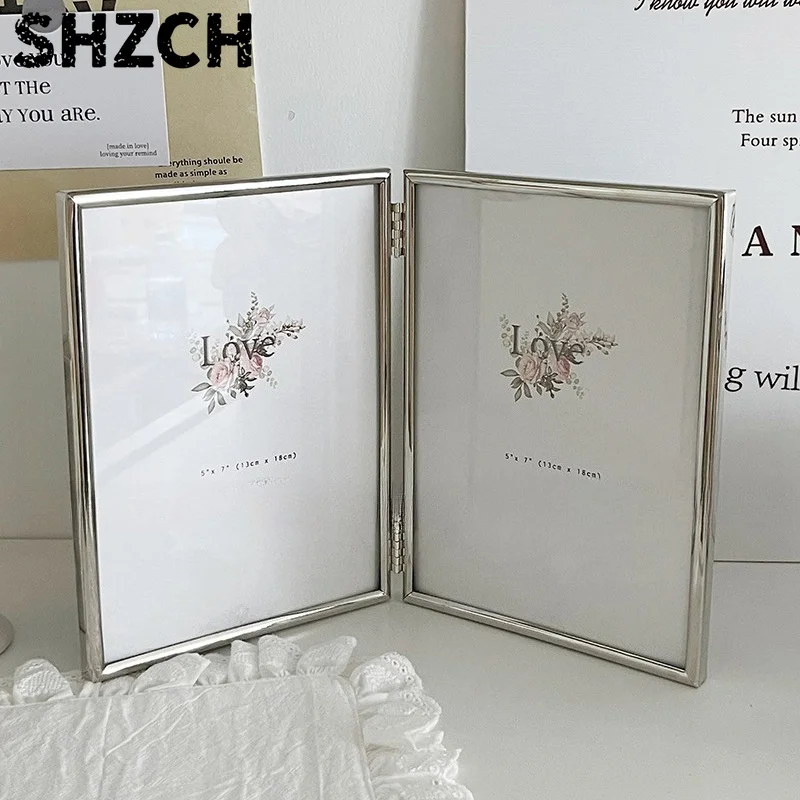 Hinged Double Simply Silver Metal Picture Frame, Elegant Silver Plated Metal Photo Frames 4 x 6''  for Desktop