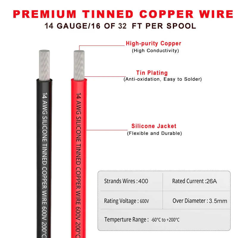 14 AWG Silicone Spool, Red Black Ultra Flexible High Temperature awg14 Stranded Copper Cable 600V - RC, Automotive, Battery Cabl