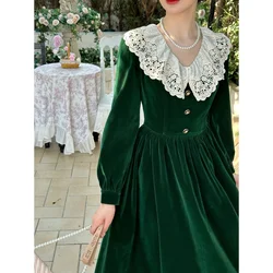 2023 Autumn Winter Velvet Dress Robe Costume Woman Big Lace Lapel Long Sleeves Dresses Party Princess Sweety Green Dresses