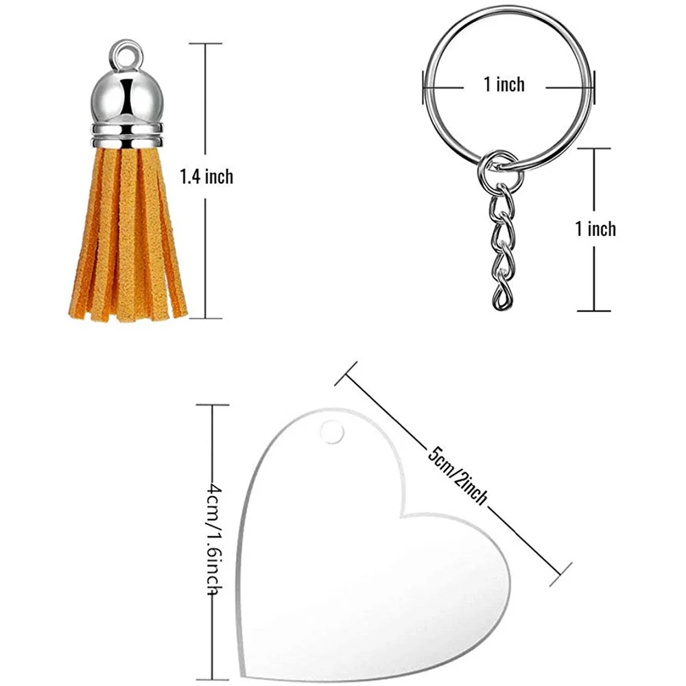 40Pcs Acrylic Discs Clear Heart Keychain Blanks Charms&Colourful Tassel Key Rings For DIY Crafts Jewelry Making