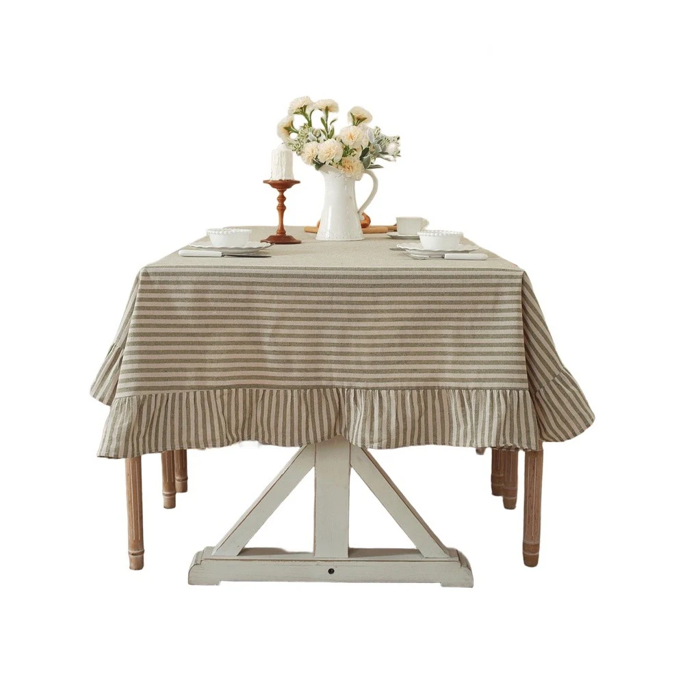 Ruffle Edge Striped Table Cover 150x180 cm Linen Blend Fabric for Dining Table Coffee Table Sideboard Dust Protection