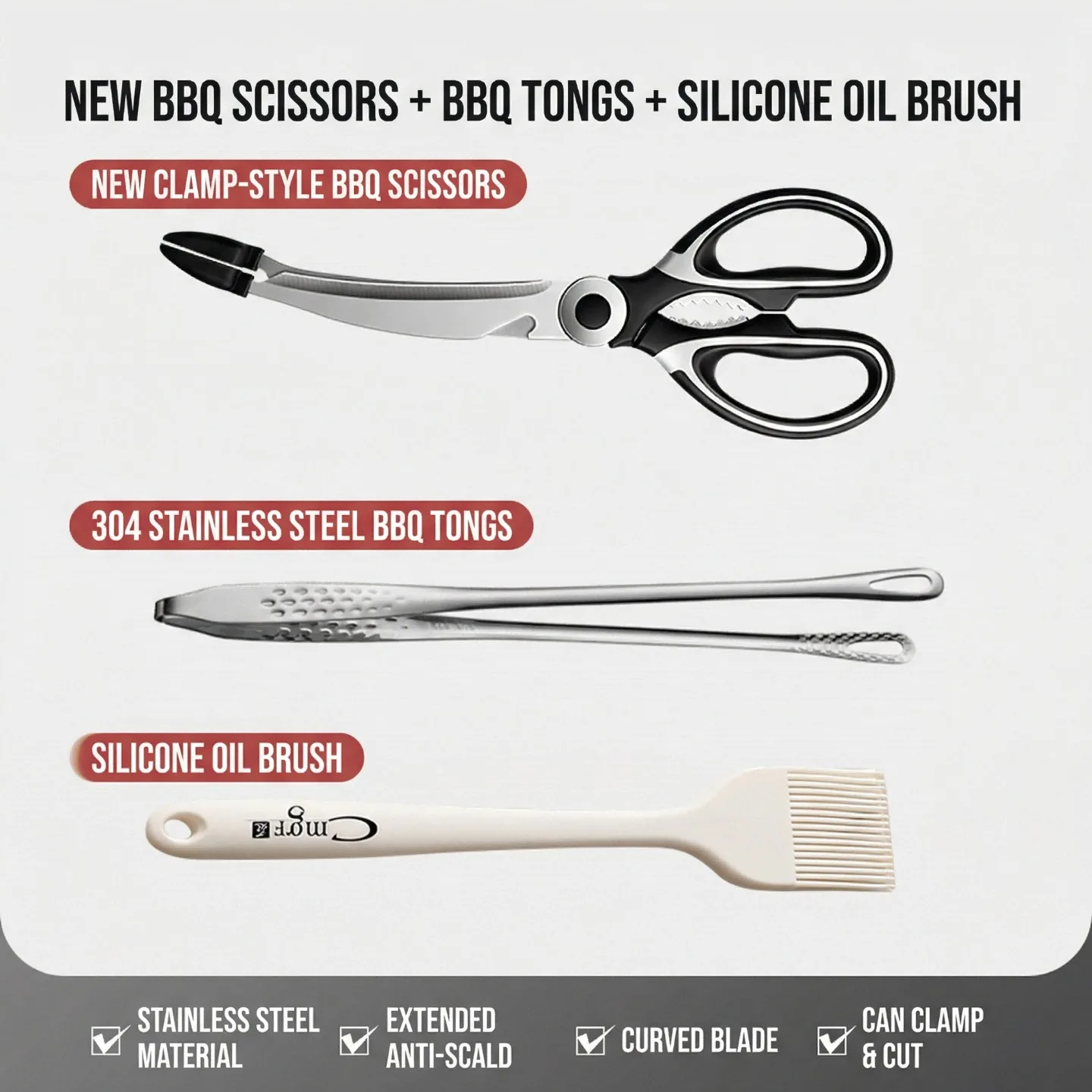 Newly Improved Korea Style Multi-Function Stainless Steel BBQ Scissors Set - 2-in-1 Clip Design for Meat, Steak, Herbs & Cooking