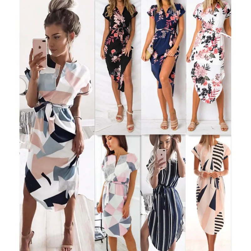Vestido midi sexy con cuello en V y estampado en bloques, estilo urbano, manga corta, falda en línea A, tela de lycra y otros materiales, vestido 100% estampado.