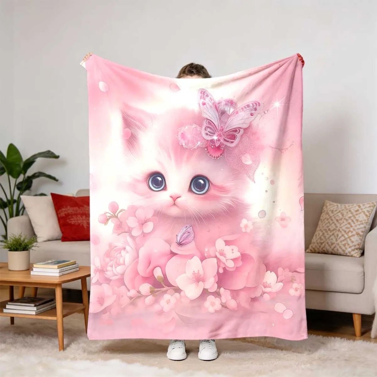 Mystery Night Glowing Blue Eye Black Cat Throw Blanket for Sofa Bedroom Office Daily Use Birthday Fantasy Pet Theme Souvenir