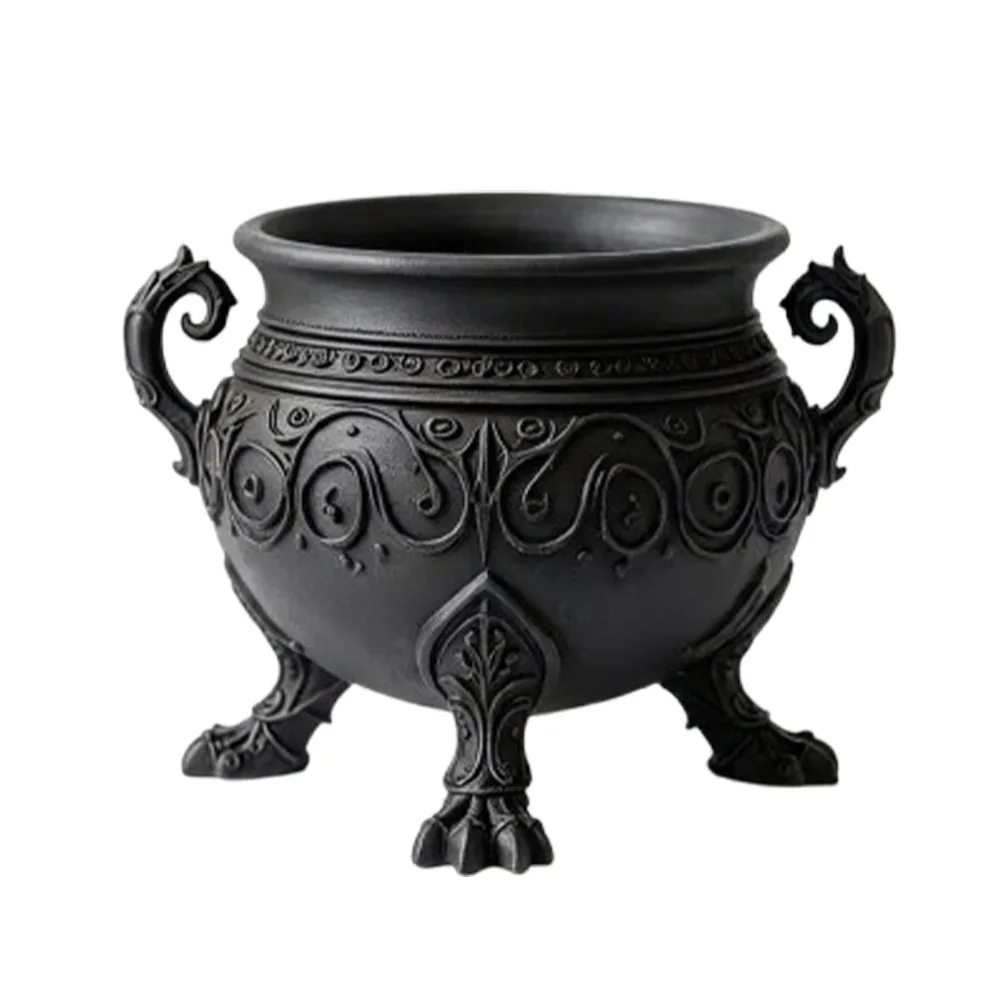 3D Printed Gothic Cauldron Planter Pot with Three Legged Dark Aesthetic Halloween Witch Cauldron Pot Dual Curved Handles Plastic