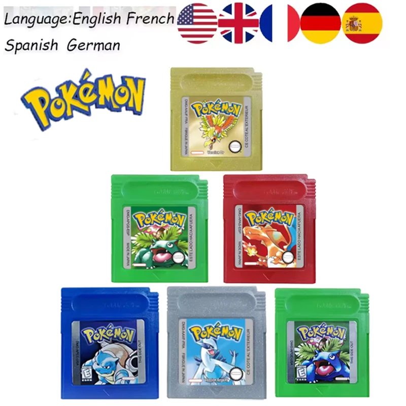 Fas shipping&22Style Pokémon 16-Bit GBC Game Cartridge Red Blue Green Gold Silver Crystal French/Spanish/German/English Version