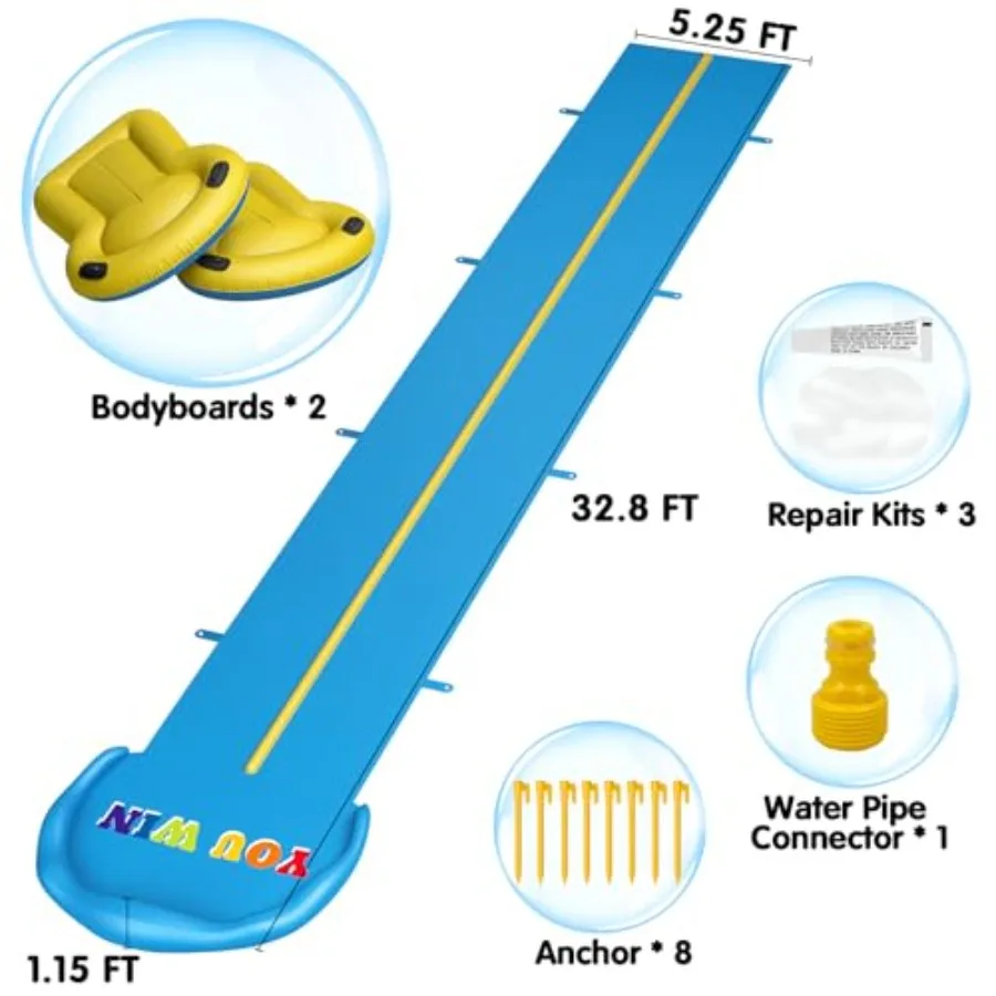 Backyard water play: heavy-duty inflatable slide, blue and yellow, extra-long 32.8 FT double-lane design with 2 boards for kids
