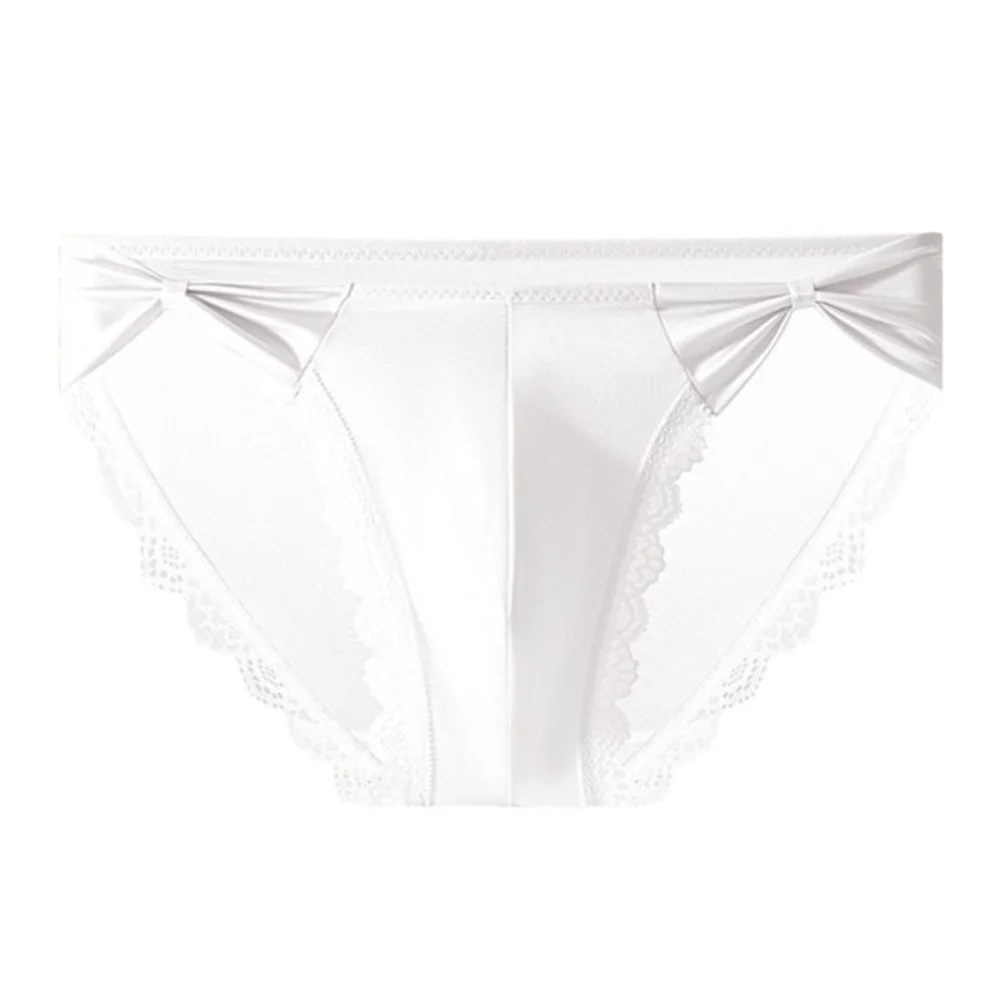 Men Lace Ice Silk Briefs Satin Underwear Bulge Pouch High Split Bowknot Panties Sexy See Through Mesh Underwear
