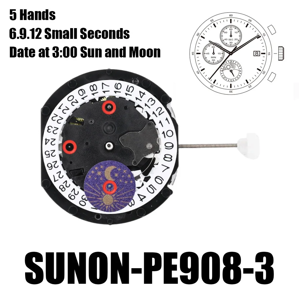 Механизм PE908 Sunon PE908-1 Mov Milf Sun and Moon, 5 стрелок, 6,9,12, дата малых секунд на 3:00 Механизм PE908-1