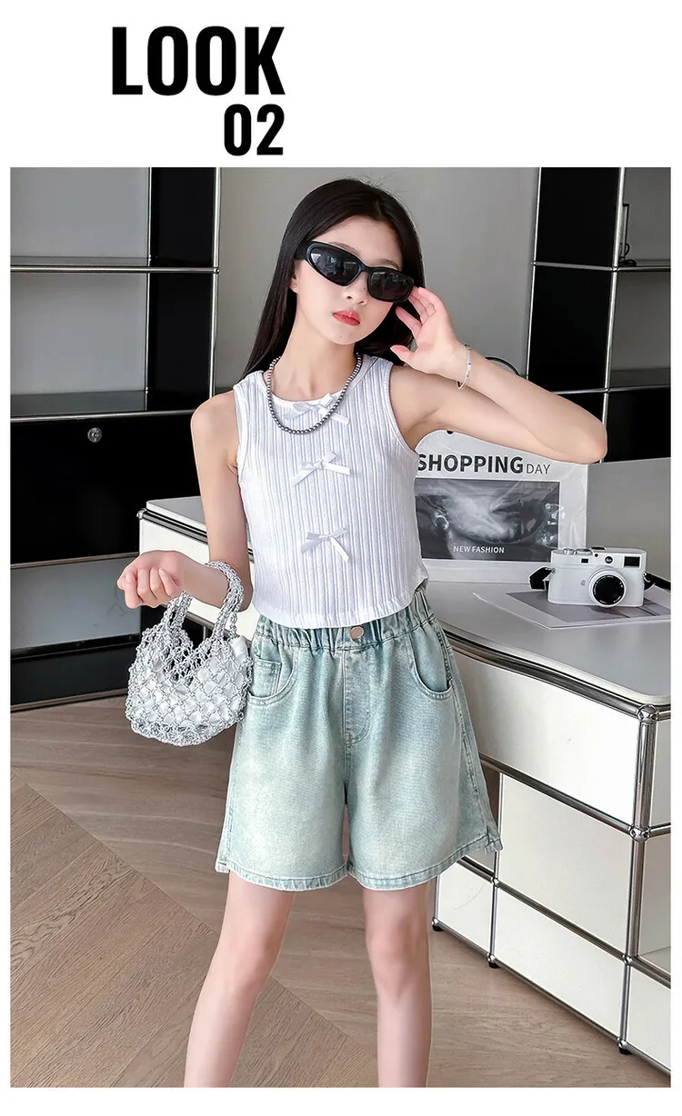 2026 Sommer Mädchen-Jeansshorts mit Schmetterlingsstickerei, Teenager-Shorts mit Elastischem Hohem Bund, Weite Beine, Lässige Streetwear für Kinder – Detail 5