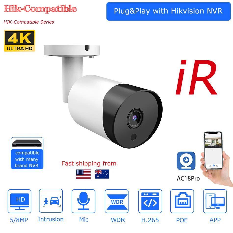 Hikvision Compatible 5mp 8mp mini Bullet IP Camera Built-in Mic Human Vehicle Detection IR30M CCTV Surveillance Network Cameras