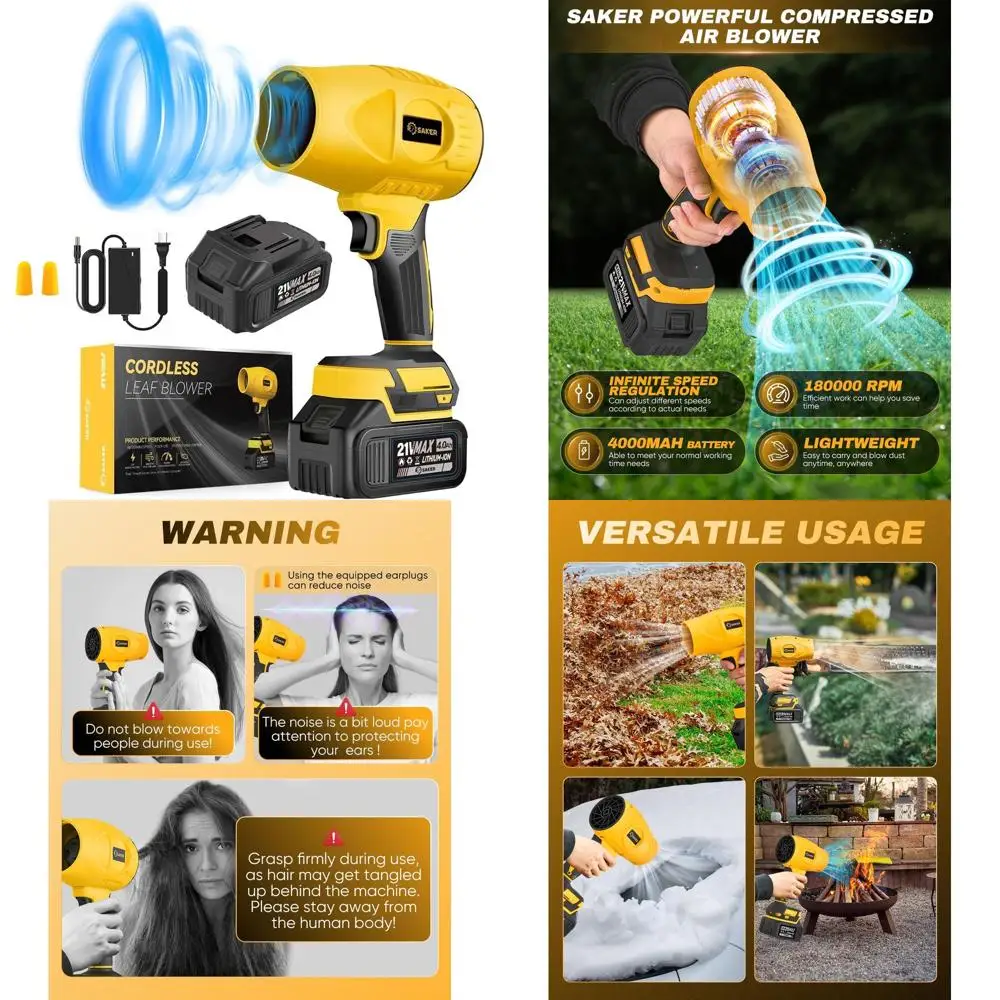 

Portable 180,000 RPM Air Duster with Adjustable Drying for Patio Cleaning and Camping, 2 x 4.0Ah Batteries, Yellow