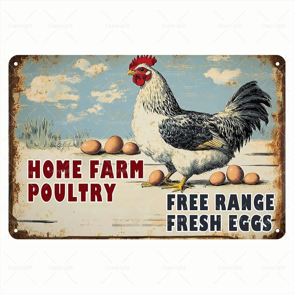 Vintage Tin Sign - Home Farm Poultry Free Range Fresh Eggs with Rooster Retro Metal Sign - Decorative Tin Sign for Farm Lovers -