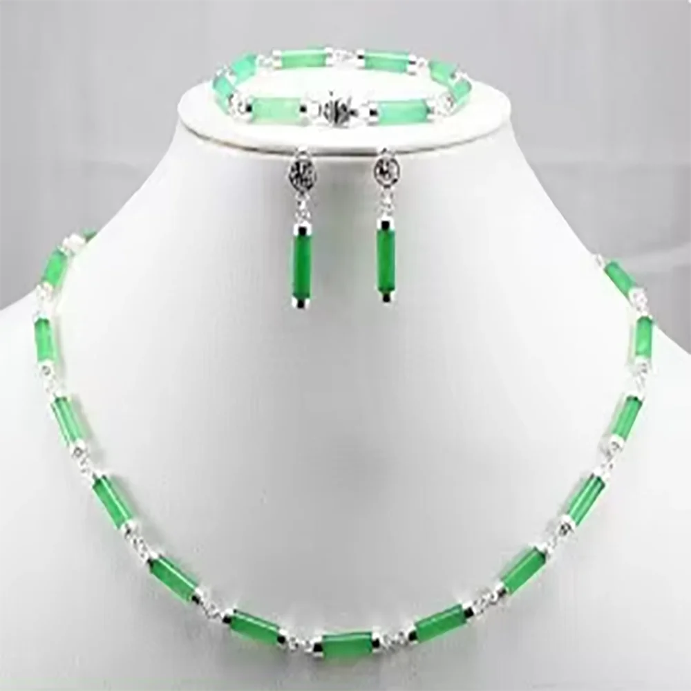 

Natural green Tibetan stone Silver Fortune Necklace Earrings Bracelet Set