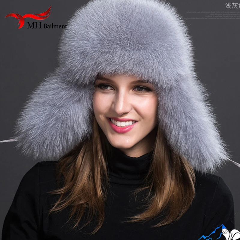 100%Genuine Real Fox Fur Hat Women Natural Raccoon Fur Cap Russian Winter Thick Warm Ears Fashion Bomber Outdoor Earflap Hat