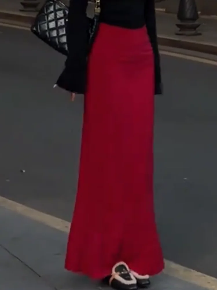 

Ele High Waist Red f Skirt Women's Winter 2024 Slim Fit Simple Drapey Versatile Long Skirt Korean Sle Commute