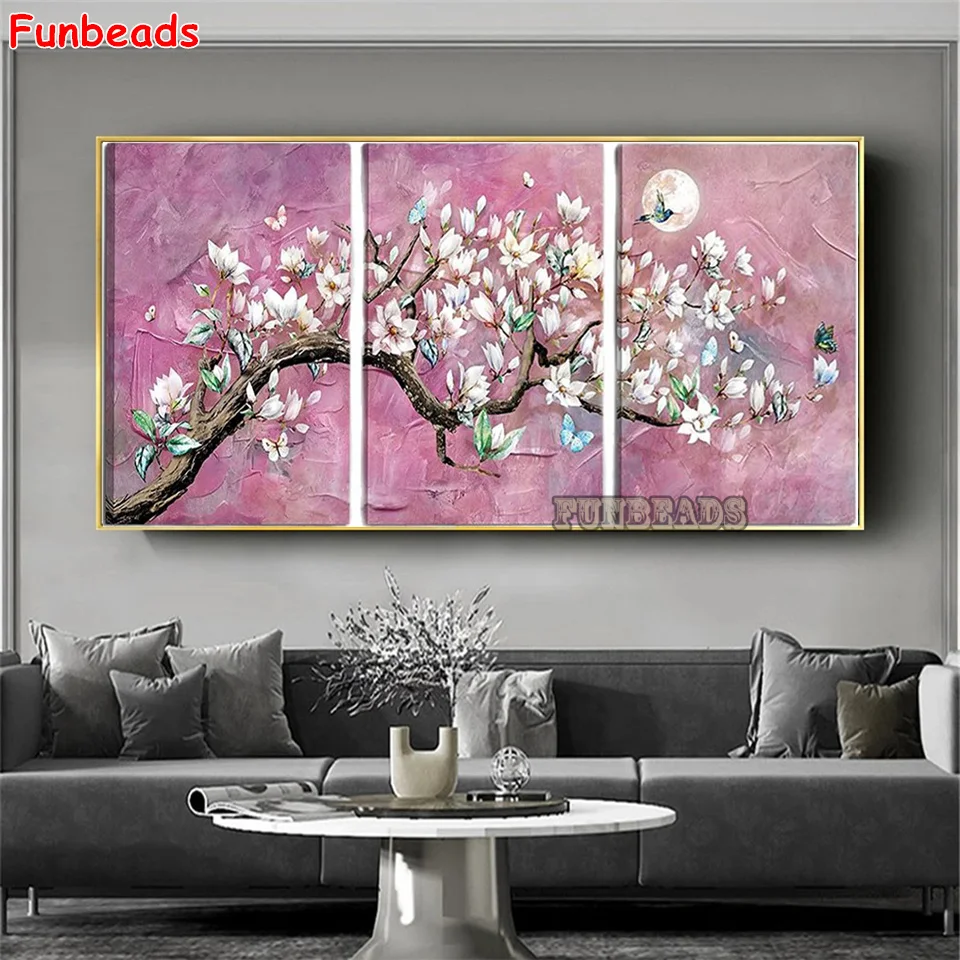 

Diamond Art White Cherry Blossom 5D Diamond Painting Full Drill Kit Pink Flower Painting Butterfly Moon Night 3 Pcs GG7521