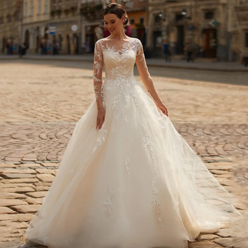 

Свадебное платье принцессы на заказ с аппликацией, пайетками, длинными рукавами, из тюля, А-силуэт, со шлейфом, на пуговицах, Vestido De Novia