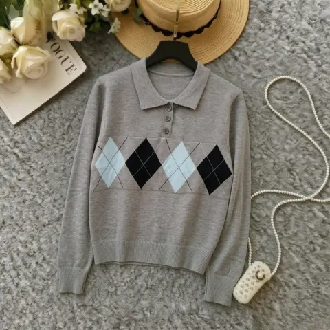 Women Argyle Knit Pullover Sweater Elastic Soft Polo Collar Long Sleeve Knitwear Vintage Preppy Jumper Autumn Casual Outfits