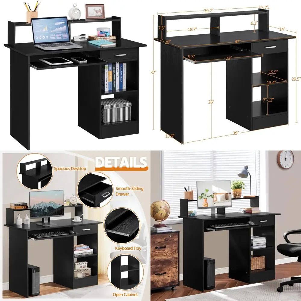 مكتب مكتب منزلي خشبي مع أدراج، وصينية لوحة مفاتيح قابلة للسحب، وقفص للدراسة واستخدام الكمبيوتر المحمول