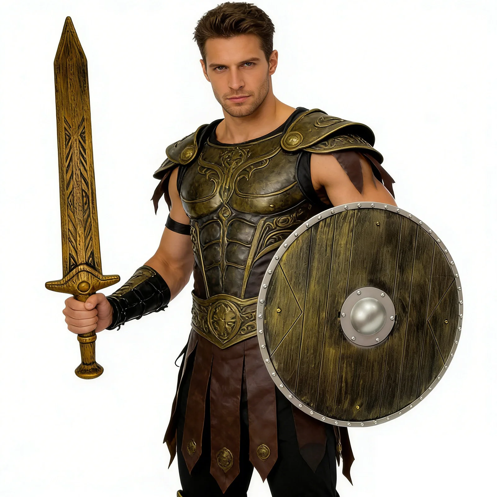 Warriors Realistic Halloween Wooden-grain Shield And Wide-sword Prop for Halloween Cosplay Party And Stage Performance 5