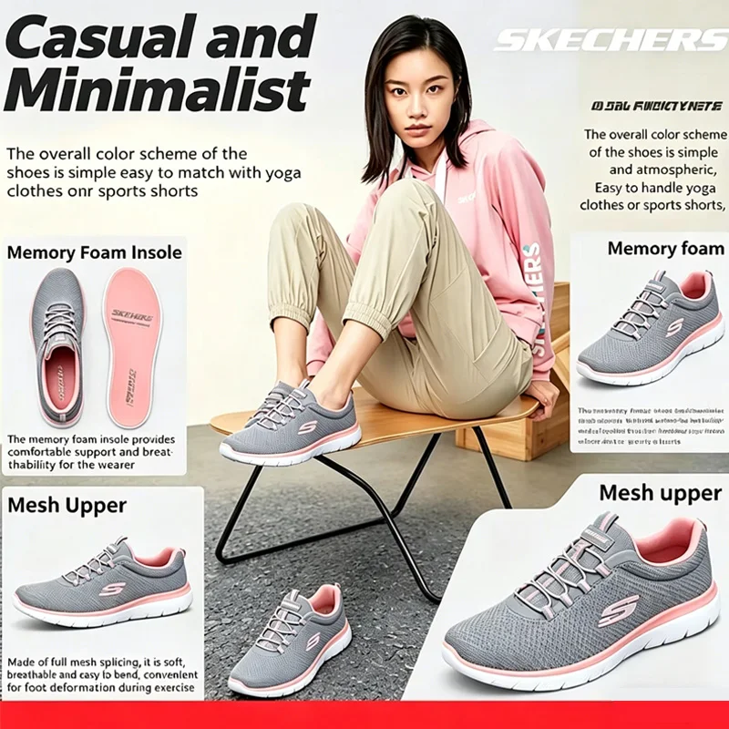 Tênis Feminino Skechers e Tênis para Mães, Novo Estilo Verão 2026, Tênis Esportivo Respirável em Malha, Calçados Casuais Femininos - LTPK-BKHP-WSL-BBK