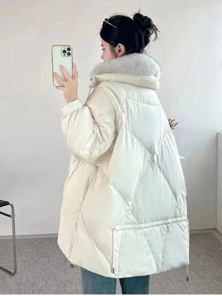 Women\'s Down Parker Winter New Puffer Coats Large Fox Fur Collar Luxury Outerwears White Goose Down Thick Warm Women\'s Jacket