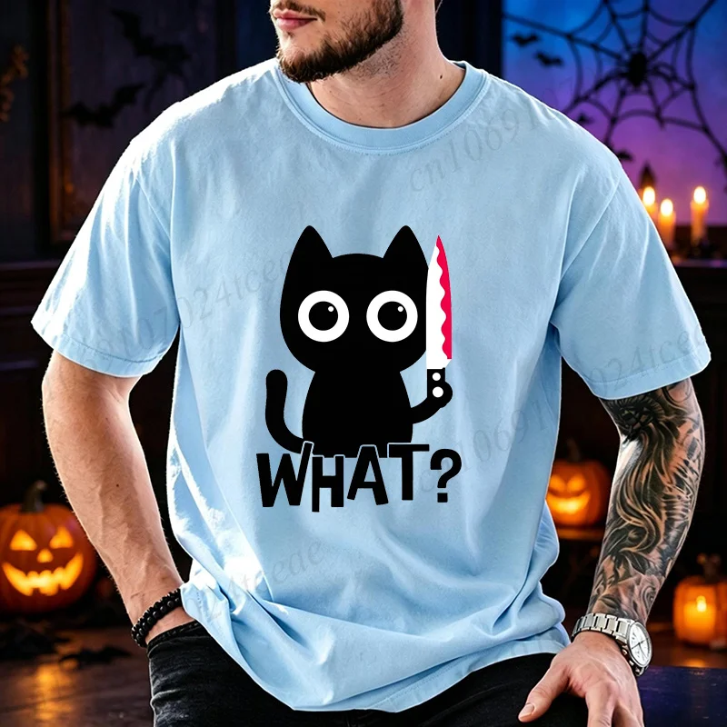Funny Trick or Treat Graphic T Shirt Men Halloween Black Cat What Funny Knife Blood Print Tees Casual Summer Streetwear Tops