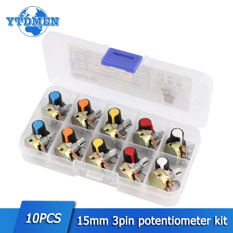 WH148 Potentiometer Kit B1K 2K 5K 10K 20K 50K 100K 250K 500K 1M 15mm Linear Taper Rotary Resistor Potentiometers 3Pin with Knob