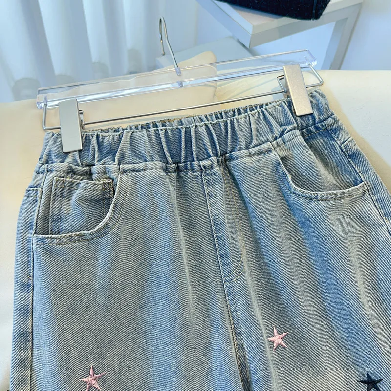Spring and Autumn Elastic Waist Retro Star Embroidered Elastic Waist Age Reducing Wide Leg Jeans Women's Casual Wide Legs Pants