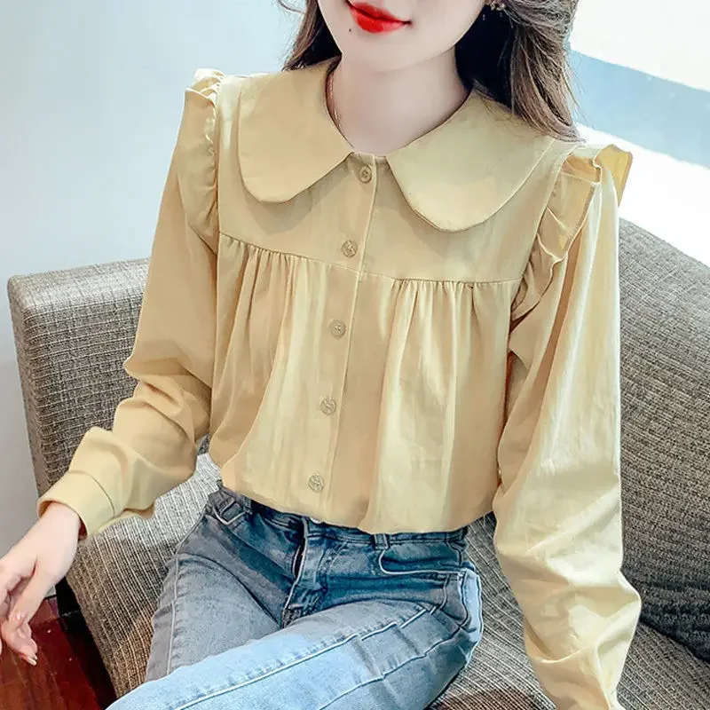 

Fashion Peter Pan Collar Folds Ruffles Shirts Women's Clothing 2024 Autumn Winter Solid Color Casual Tops Sweet Blouses V30