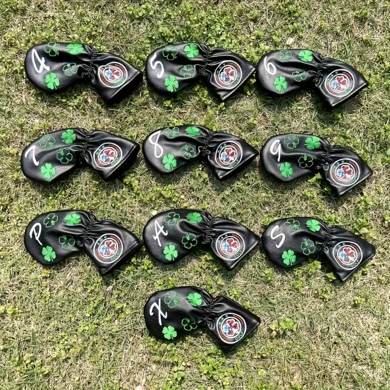 Set Penutup Kepala Tongkat Golf PU Bordir Lucky Clover - 10pcs, Pelindung Tongkat Golf yang Tahan Lama dengan Penutup Aman, Desain Leher Panjang