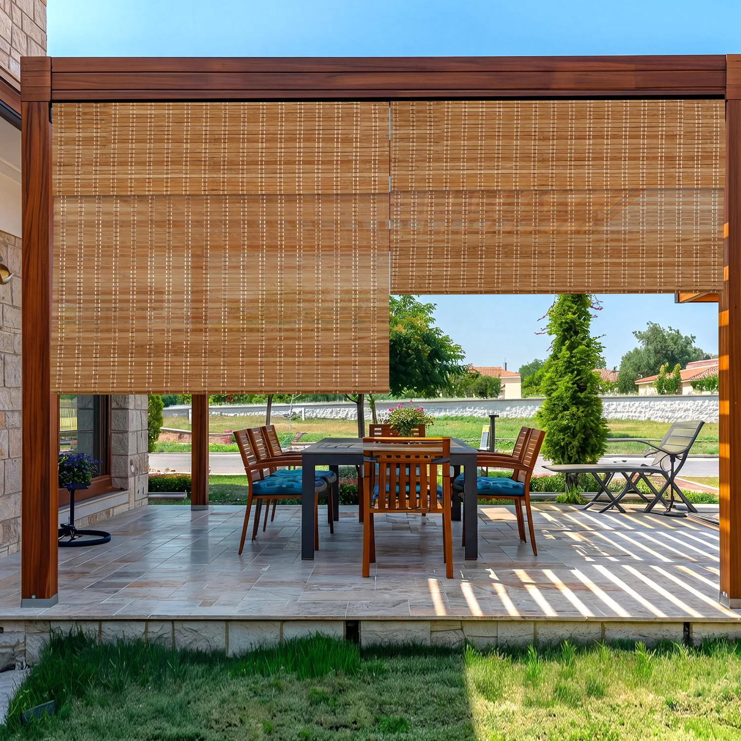 No Tools No Drill Cordless Bamboo Roman Shades, Light Filtering Window Treatment, Roll Up Bamboo Blinds for Windows Curtains