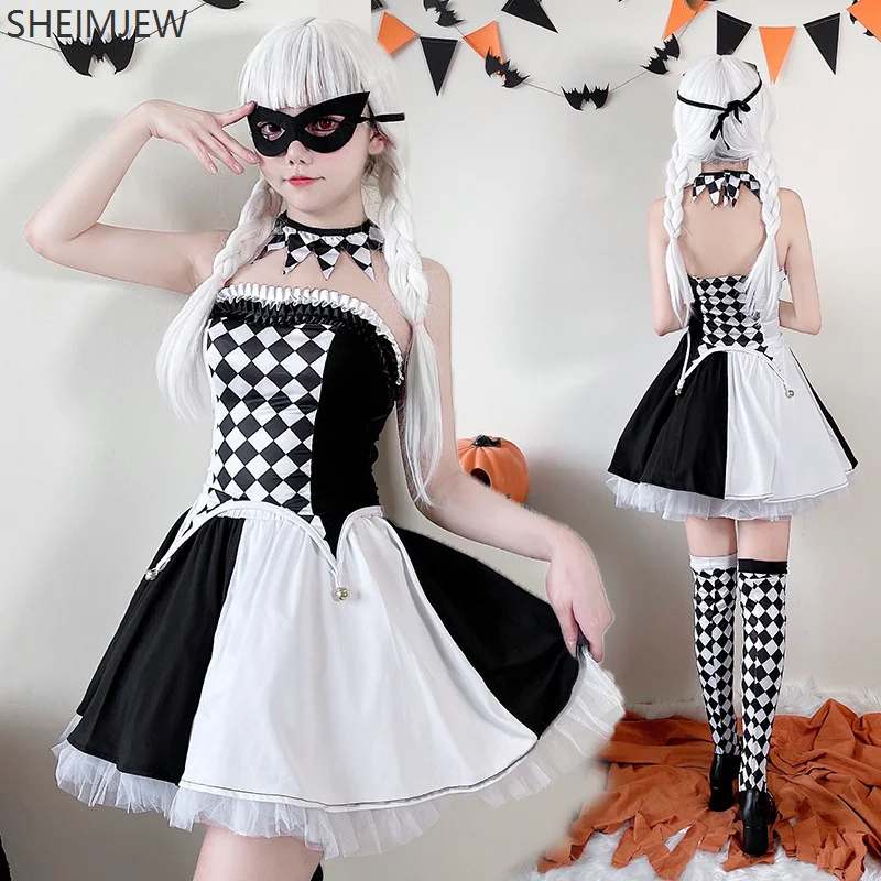 

2025 Halloween Costumes Circus Clown Cosplay Performance Gothic Halloween Circus Costumes Black And White Matching Cute Set