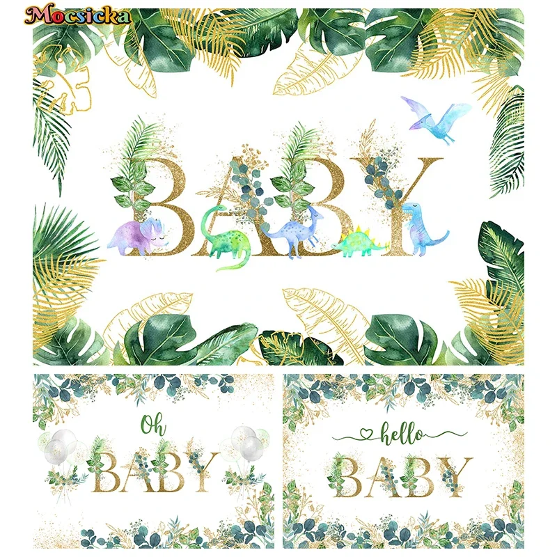 Mocsicka Hello Baby Shower Birthday Party Decoration Photography Background Green Leaf Dinosaur Props Backdrop Studio Photobooth