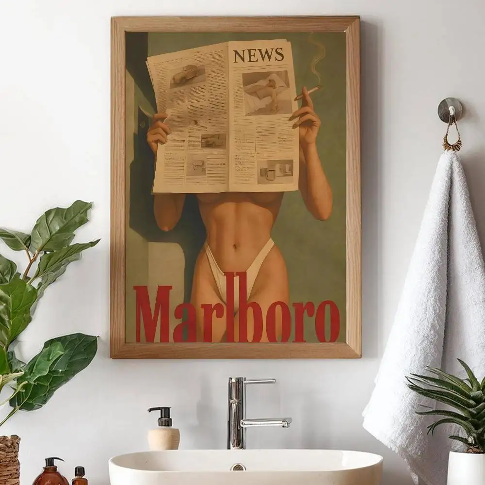خمر السجائر الغربية MarlboroS نموذج بيكيني المشارك ذاتية اللصق ورق مقاوم للماء ملصق مقهى بار غرفة جدار ديكور