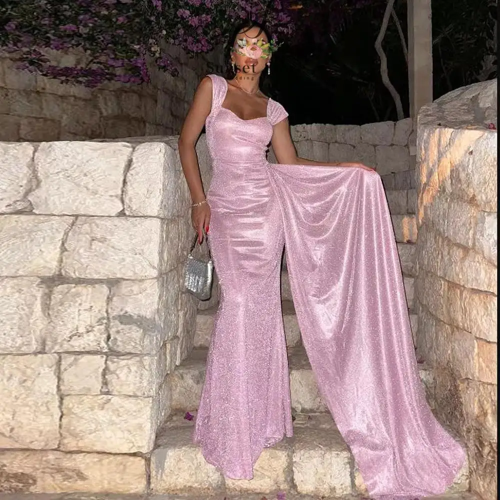 Customized Pink Evening Dress with Side Train Wide Strap Sweetheart Wedding Guest Gown Mermaid فساتين سهرة
