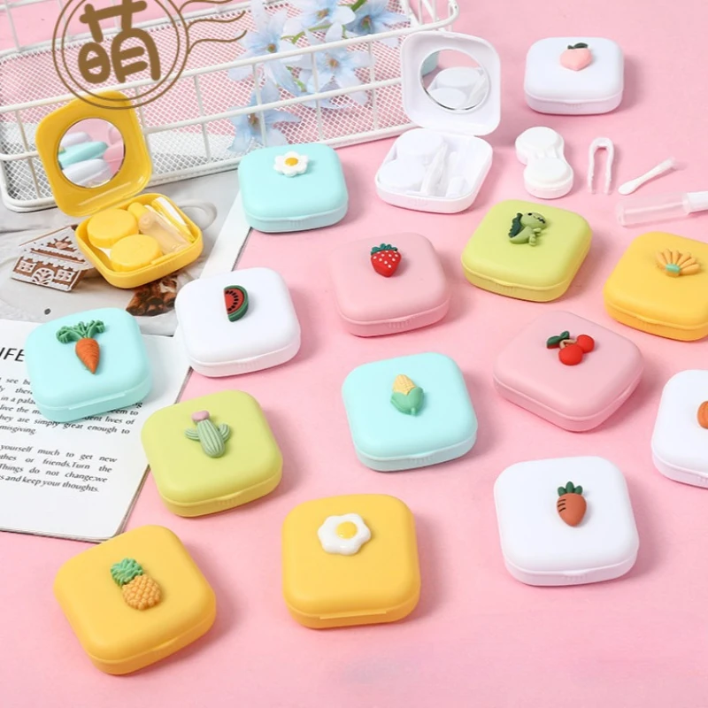 Ins Cute Cartoon Contact Lens Storage Box Mini Portable Lovely Girl Cosmetic Contact Lens Companion Care Organizer with Mirror